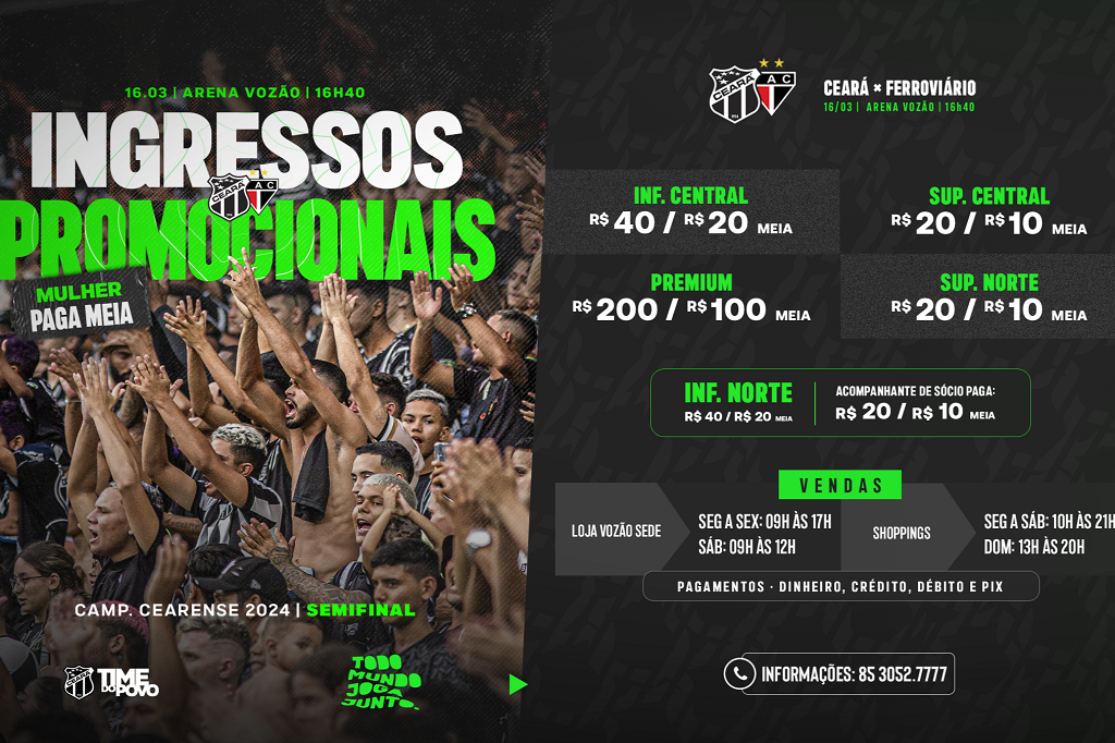 Com preços promocionais, Ceará inicia venda de ingressos para o clássico diante do Ferroviário