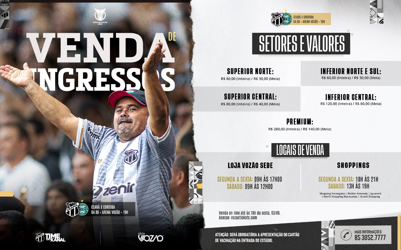 Brasileirão: Venda de ingressos iniciadas para Ceará x Coritiba