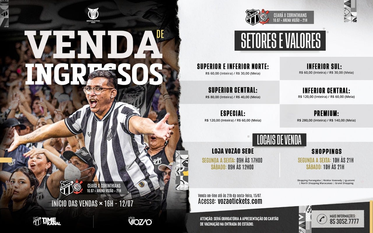 Brasileirão: Check-in aberto e venda de ingressos iniciada para Ceará x Corinthians